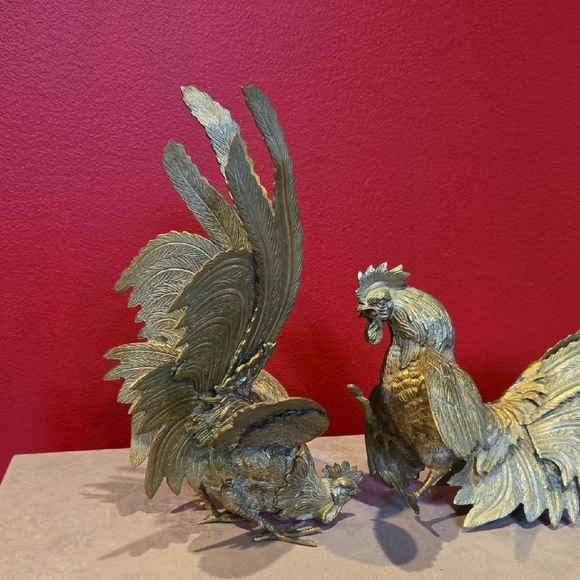 Fighting Roosters Gamecocks Figurine Set Brass Made In Italy - Picture 4 of 6